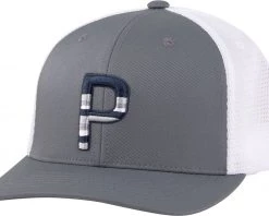 PUMA Men's Sundown Trucker P Snapback Golf Hat White/navy